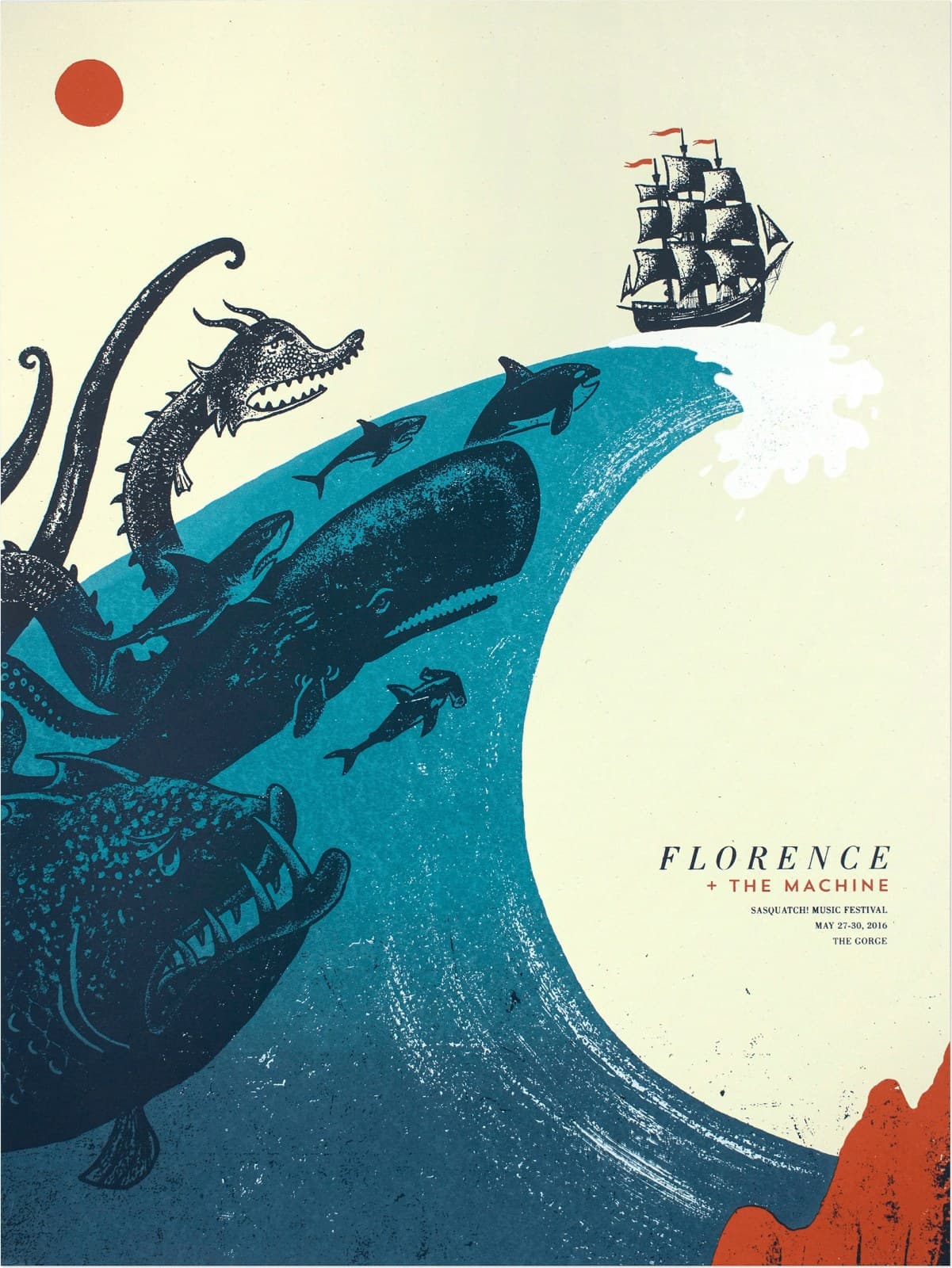 Screen-printed concert poster with sea creatures and a wave